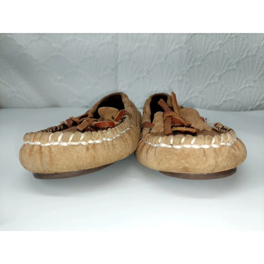 Lam Kids Moccasin Style Faux Fur Brown Suede Hard Sole Slipper Sz 1Y